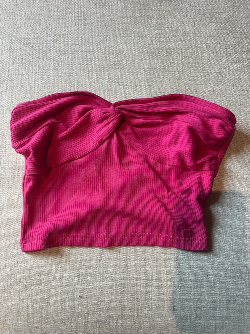 SHEIN Knot-Front Strapless Ribbed Crop Top - Hot Pink